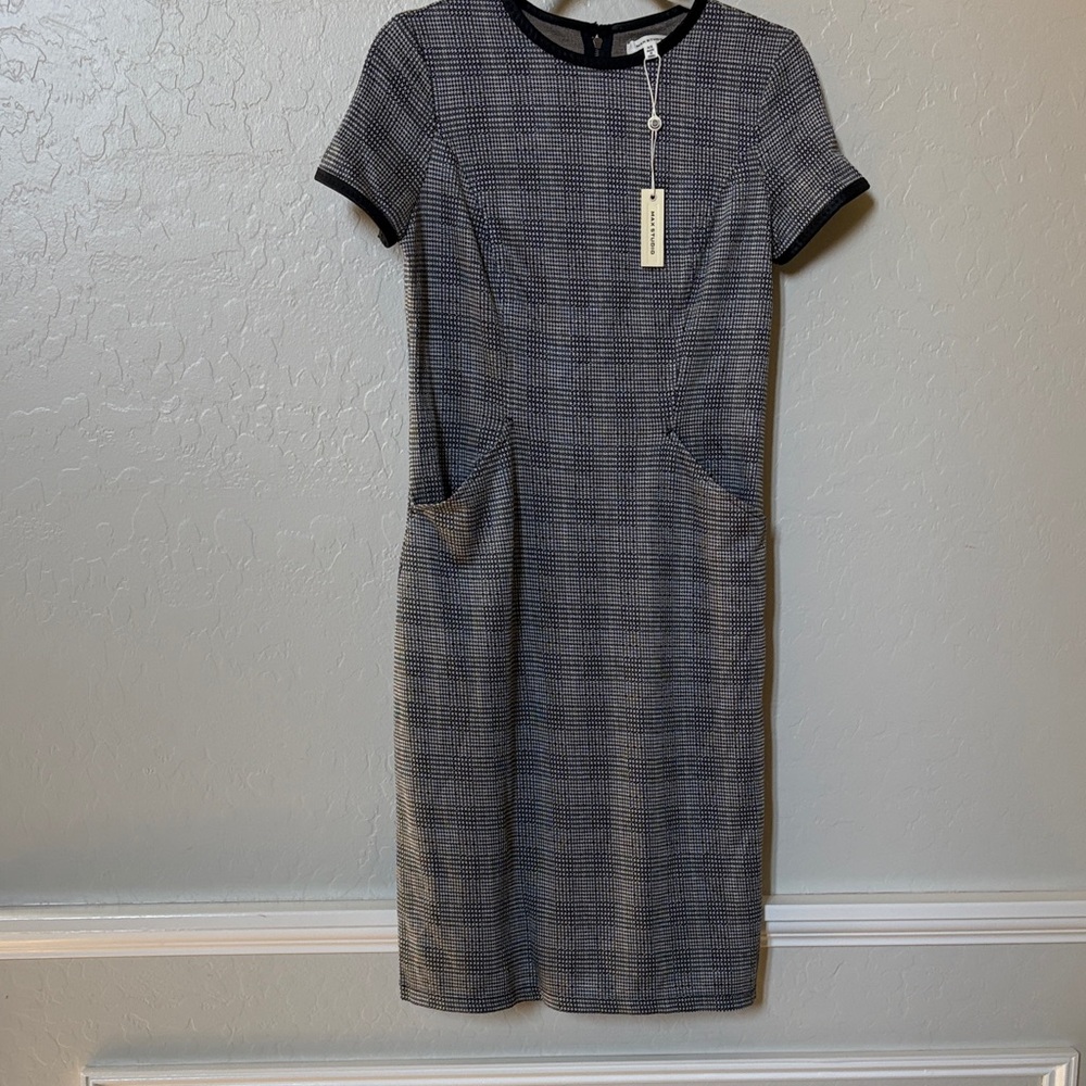 Max studio Plaid Midi Sheath Dress with Contrast leather Trim - Black & White